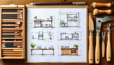 Artisan furniture design sketches and woodworking tools Artisan furniture design sketches and woodworking tools